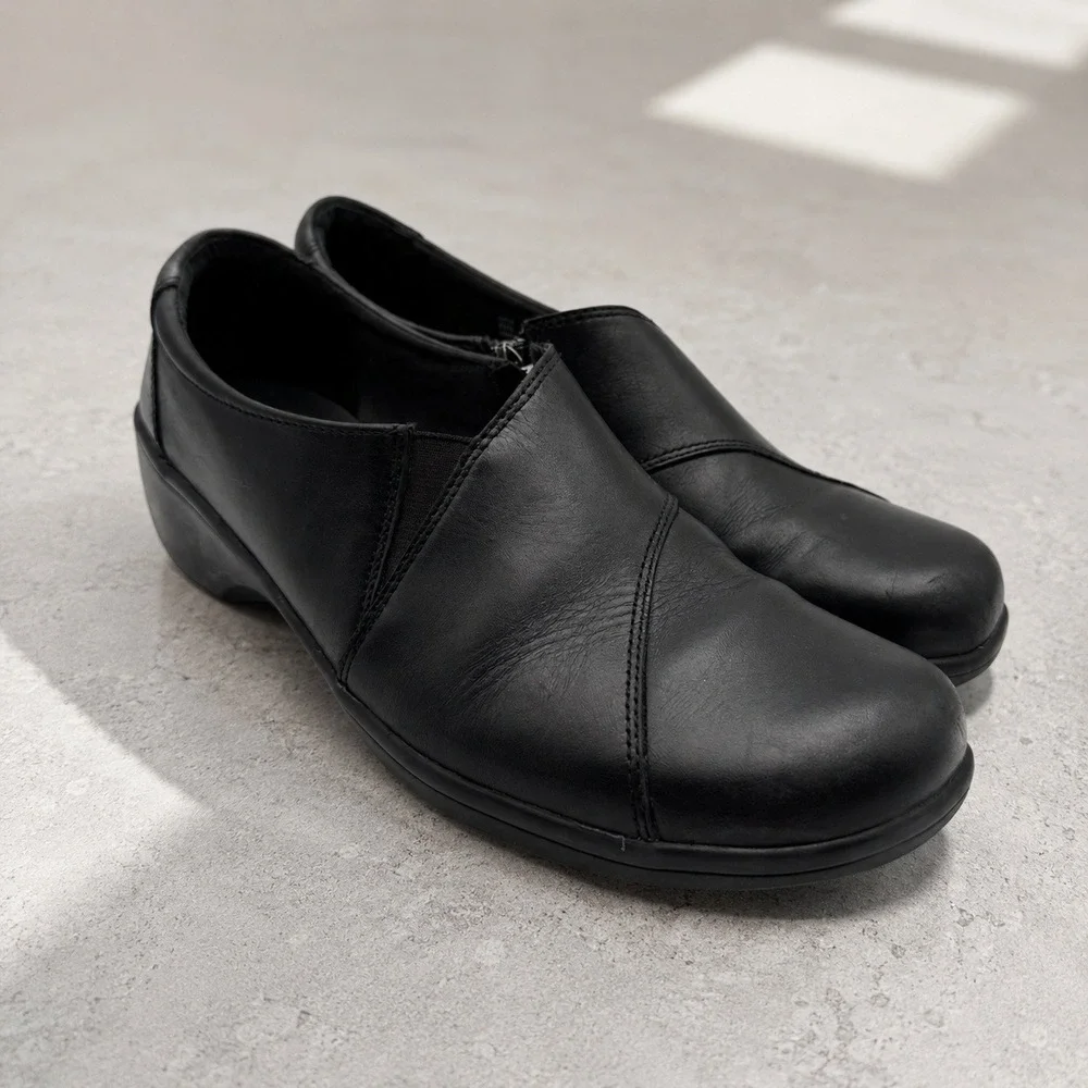 Clarks Bendables Black Leather Slip On Loafers Side Zip Wedge Shoes Women 10M